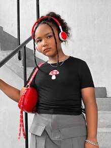 SHEIN Tween Girls Extended Size Casual Cute Mushroom Printed Ruffle T-Shirt - Black - View 6