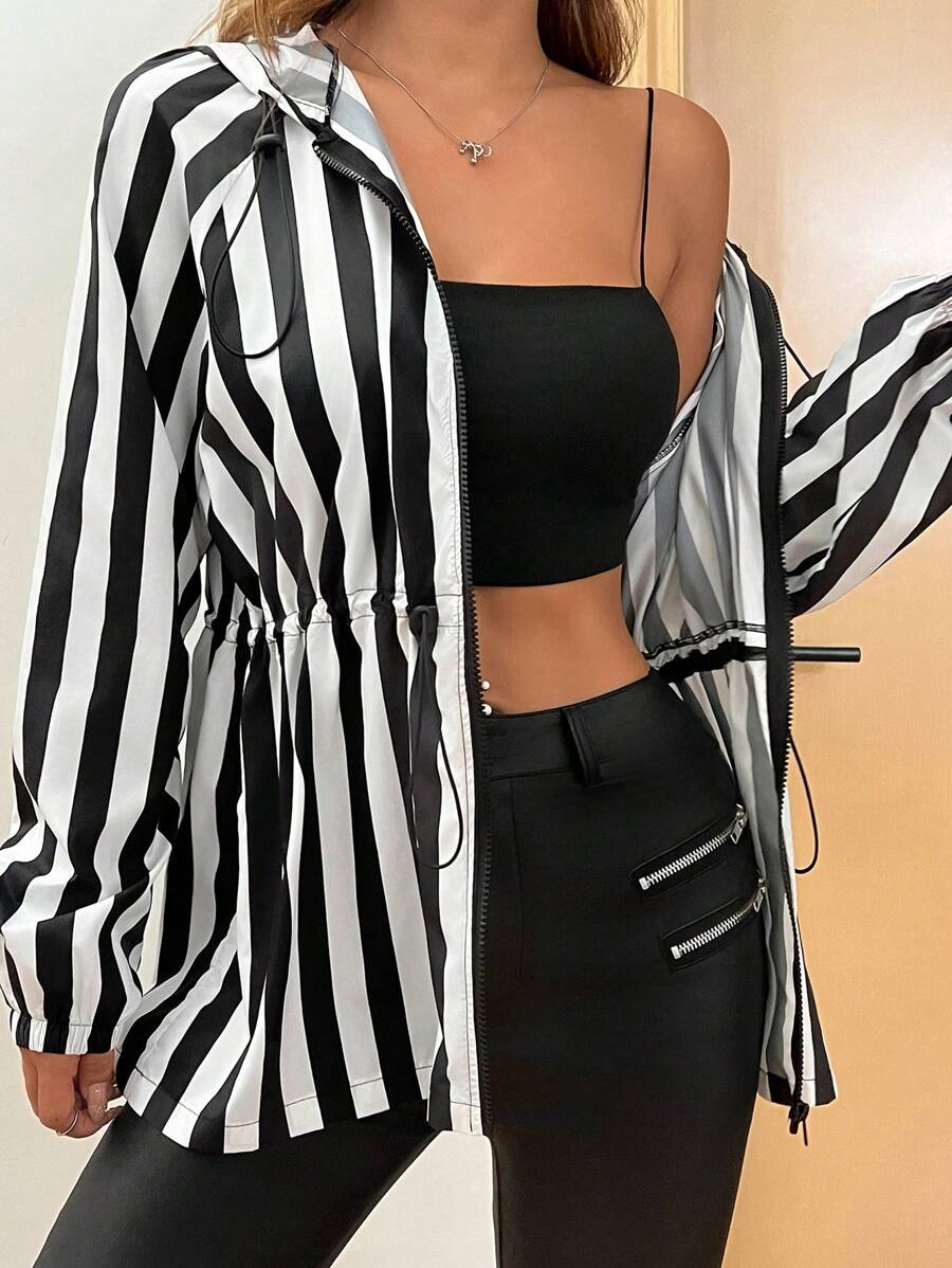 SHEIN EZwear 春秋束腰連帽黑白條紋寬鬆外套 - 黑與白 - 查看 1
