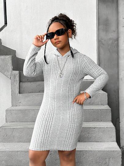 SHEIN Tween Mädchen Erweiterte Größe Basic Casual Strick Einfarbig Langarm Etuikleid mit Kapuze