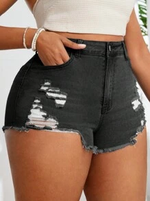 SHEIN SXY Plus Size Fashionable Distressed Denim Shorts With Pocket And Elasticity - Black - View 5