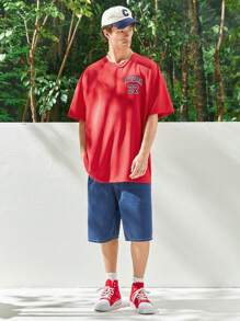 Claim Dot Quần short denim nam màu trơn có túi chéo rộng thùng thình dài trơn màu xanh đậm - Rửa trung bình - Xem 4