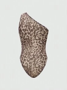 SHEIN Clasi Body de hombro oblicuo con estampado de leopardo para mujer - Multicolor - Ver 2