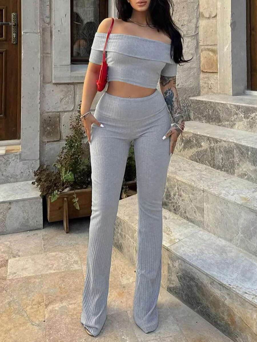 SHEIN SXY 厚實肋紋露肩短袖上衣和喇叭褲套裝 - 灰色 - 查看 1