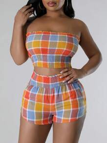 SHEIN Plaid Print Tube Top & Drawstring Side Shorts - Multicolor - View 5