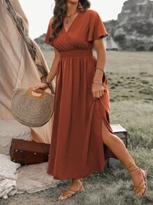 Robe grande taille à col en V, manches à volants, taille avec nœud, ourlet plissé fendu, robe longue pour femmes