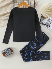 Tween Boys Snug Fit Dinosaur Print Glow-In-The-Dark Long Sleeve Top And Pants 2pcs Pajama Set