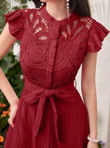 Modelyn Vestido largo de mujer de color rojo burdeos de uso diario sencillo con cinturón, vestido de noche para mujer