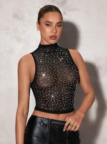 SHEIN BAE 實色米卡其裸色鄉村音樂會裝，適用於鄉村節日裝、音樂節裝和音樂會服裝 - 華麗的鑽石和高質量網眼材料，裝飾著華麗的細節，非常適合派對、晚會和夏季活動，采用性感的網眼背心緊身款式