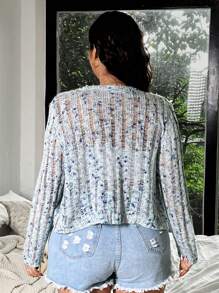 Flirla Plus Size Full Button Allover Print Knitted Cardigan With Round Neck And Long Sleeves - Multicolor - View 2