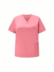 SHEIN TaskFit Plus Size Solid Color V-Neck Pocket Short Sleeve Top And Elastic Waist Long Pants  Uniform Set, Plus Size Uniforms & Scrubs - Pink - View 3