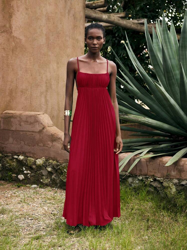 SHEIN Maija Women's Burgundy Summer Vacation Dress, Minimalist Sleeveless Pleated Beach Dress For Warm Weather  St Patrick's Day Women Easter Summer Outfits Easter Dress Women Party Top Beach Dress Summer Holiday Outfits Each Vacation Outfits For Women  Summer Outfit For Women Going Out Outfits Graduation Graduation Outfit  Casual Dresses  Casual Blouses For Women