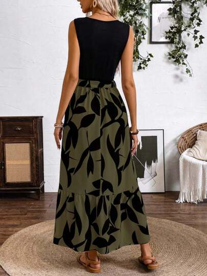 EMERY ROSE Robe débardeur en maille imprimée de feuilles à ourlet asymétrique (longueur midi) de style maxi vacances plage pour femmes