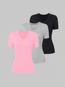 SHEIN LUNE Solid Color V-Neck Casual Short Sleeve T-Shirt For Summer - Multicolor - View 4
