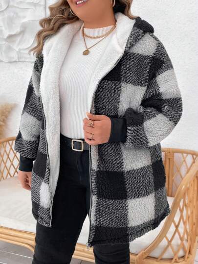 SHEIN CURVE+ Plus Size Classic Black And White Plaid Double-Breasted Coat, For Winter