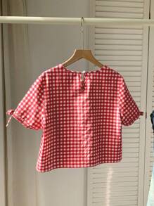 Comfortcana 紅白相間格紋印花綁帶袖口上衣，夏日外出佳品 - 紅白色 - 查看 2