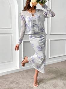 Modelyn Conjunto de 2 piezas de top de manga larga y vestido de tirantes aleatorio para mujer con estampado