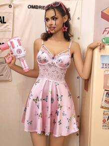 Spicy Aura Sexy Lace Splice Lady Underwear Dress With Underwire + Thong, 2pcs/Set - Pink - View 5