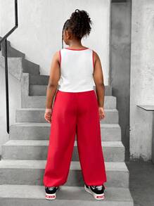 SHEIN مجموعة فتيات المراهقات الحجم الممتد المعتاد الكاجوال المحبوك الرقبة على شكل ثلاثية الأبعاد بدون أكمام وبنطلون يصلح للارتداء اليومي - قطعتين - الأحمر - مشاهدة 2