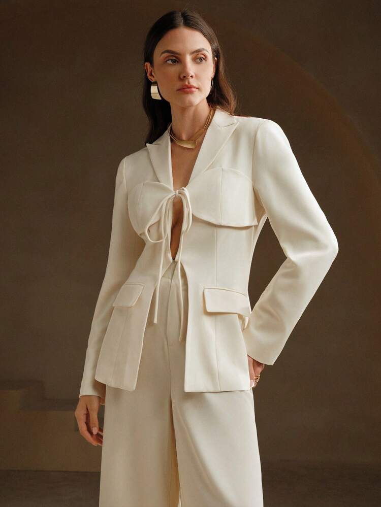 Single-Breasted Hollow Out Design Solid Color Blazer With Tie Front