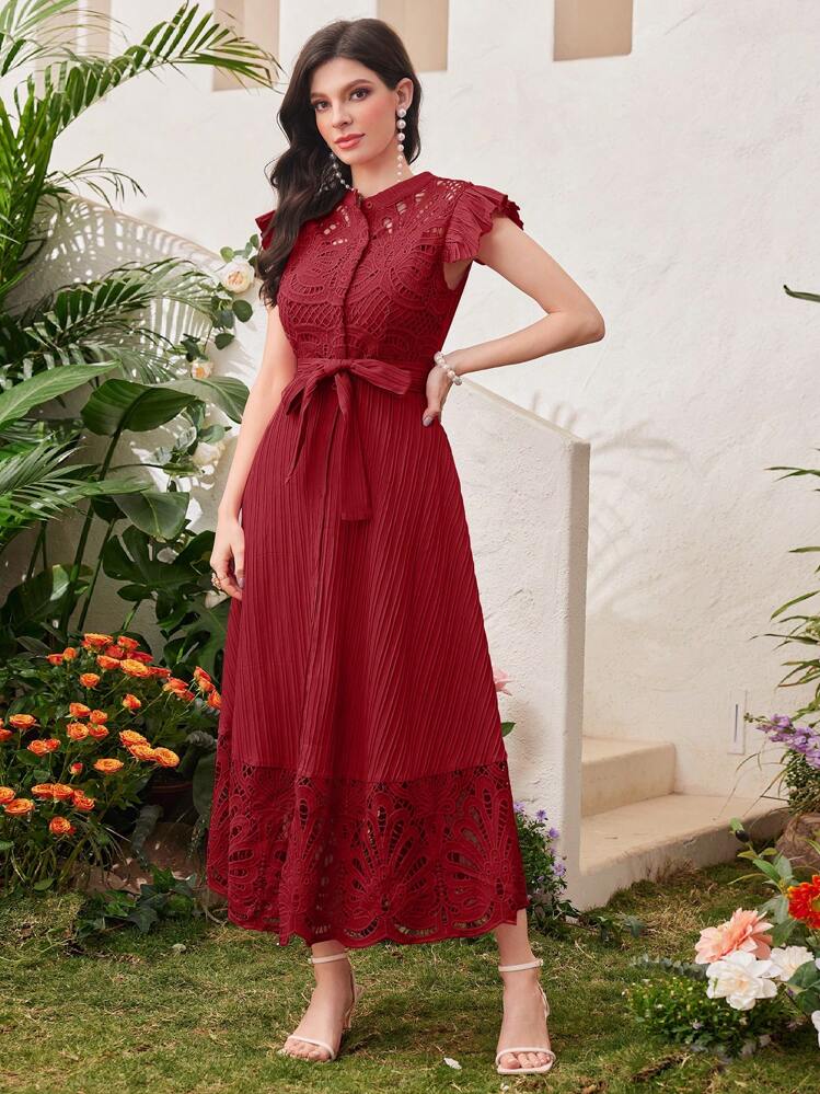 shein burgundy maxi dress SHEIN Burgundy Flounce Foldover Front Off Shoulder Pleated A Line Soli   ebuywebsite-womenshop