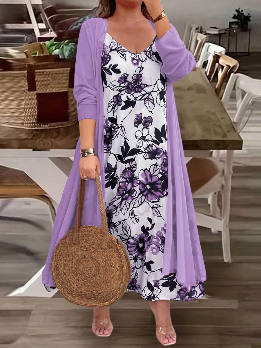 EMERY ROSE Holiday Plus Size Solid Color Long Sleeve Cardigan & Floral Printed Camisole Dress 2pcs Set - Mauve Purple - View 1