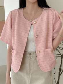 DAZY 女士假珍珠裝飾的鈕扣短袖口袋外套，休閒日常穿著 - 粉色 - 查看 4