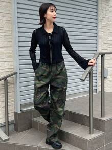 FRIFUL ملابس علوية نسائية بلون سادة للارتداء اليومي البسيط، بتصميم مفرغ، أكمام طويلة شفافة