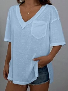 Muchica Áo cổ chữ V trễ vai xuyên thấu, kỳ nghỉ thông thường - Màu xanh nhạt - Xem 5