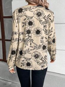 SHEIN LUNE Camiseta de manga larga con estampado de flores de margaritas para mujeres - Caqui - Ver 2