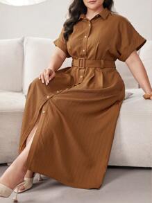Mulvari Plus Size Solid Color Belted Batwing Sleeve Summer Dress - Brown - View 1
