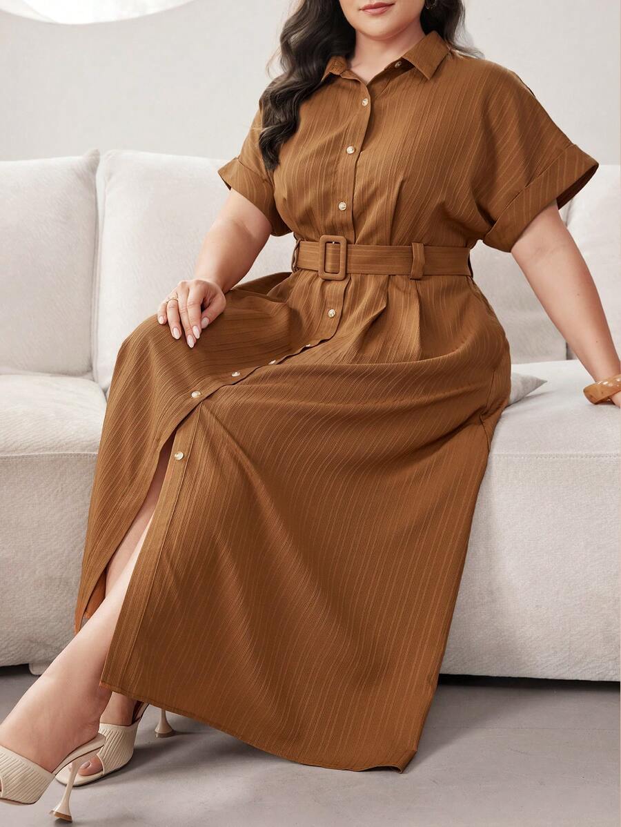 Mulvari Plus Size Solid Color Belted Batwing Sleeve Summer Dress - Brown - View 1