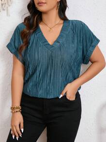 SHEIN Frenchy Áo thun ngắn tay cổ chữ V màu trơn cỡ lớn dành cho nữ, mùa hè - Màu xanh hải quân - Xem 5