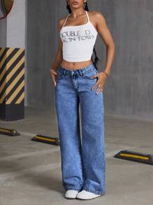 SHEIN ICON Quần jean denim thêu nơ - Rửa tối - Xem 3