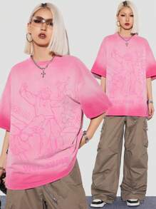 SHEIN EZwear Camiseta de punto pesado para mujer con cuello redondo y hombros caídos con impresión de personaje de dibujos animados de verano