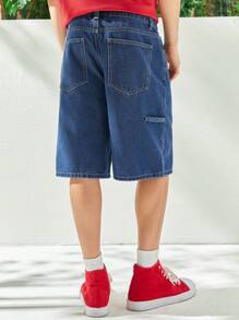 Claim Dot Quần short denim nam màu trơn có túi chéo rộng thùng thình dài trơn màu xanh đậm - Rửa trung bình - Xem 2