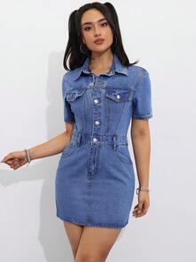 SHEIN EZwear Vestido vaquero con bolsillos de solapa y botones frontales para verano - Lavado ligero - Ver 2