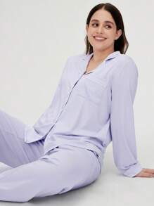 LUVLETTE Blue Soft Basic Long Women Cotton Pajama Set Lounge Sets For Women Pants With Pockets