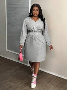 Slaydiva Plus Size Casual Street Style Drop Shoulder Hooded Bodycon Dress With Elastic Waist And Workwear Pockets, Long Sleeve - C - Grey - View 5