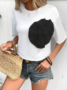 SHEIN LUNE 女裝夏季圓領休閒T卹，下垂肩短袖和3D花卉裝飾 - 白色 - 查看 1