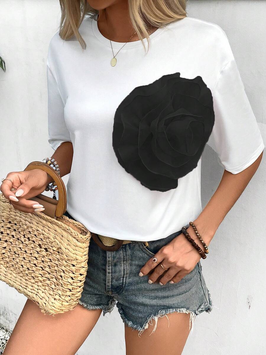 SHEIN LUNE 女裝夏季圓領休閒T卹，下垂肩短袖和3D花卉裝飾 - 白色 - 查看 1