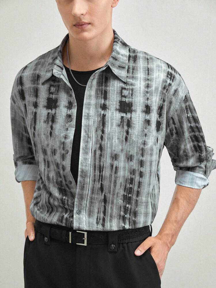 Men's Woven Stand Collar Long Sleeve Casual Shirt, Suitable For Summer
