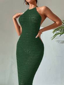 Breezaya Crochet Solid Color Sleeveless Backless Sweater Dress With Halter - Dark Green - View 3