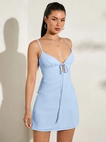 SHEIN BAE 夏季粉色無袖露背打結蝴蝶結女式迷你A字甜美裙 - 淺藍色 - 查看 2