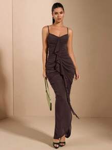 SHEIN BAE Vestido largo elegante de mujer entallado con fruncido y decoración de volantes en el pecho delantero - Café integral - Ver 5