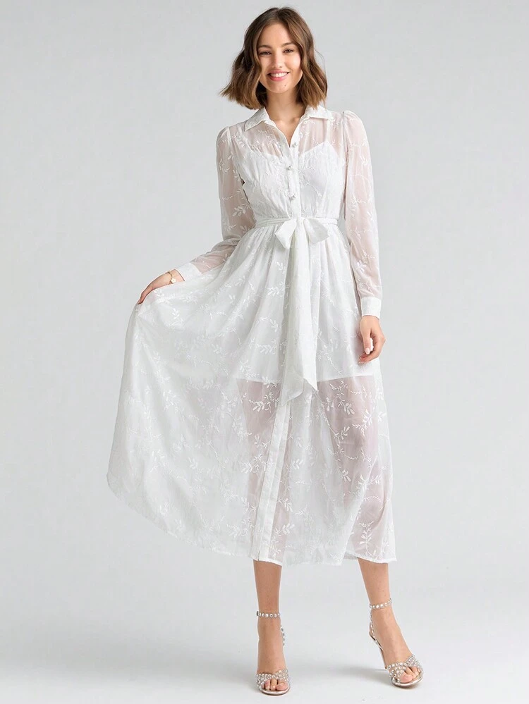 Romantic Fall Holiday Ladies' Solid Color Belted See-Through Long Sleeve Dress + Spaghetti Strap Sleeveless Dress Set
