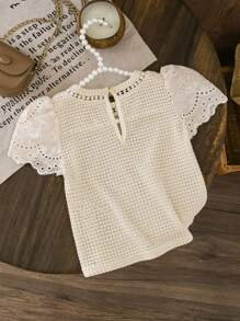 SHEIN LMoss Kids LMoss Young Girl Knitted Solid Color Round Neck Lace Ruffle Trim Fitted T-Shirt - Apricot - View 2