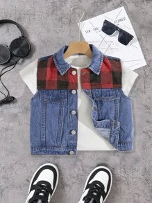SHEIN Young Boy Casual Fashionable Contrasting Plaid Patchwork Blue Sleeveless Denim Vest Jacket For Vacation And Dailywear - Blue - View 3