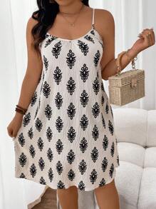 SHEIN Frenchy Vestido de vacaciones retro con efecto de lino y tirantes finos estampados para mujer de talla grande - Multicolor - Ver 1