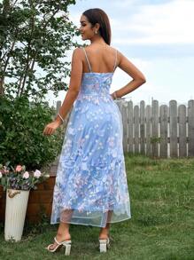 SHEIN Belle Đầm lưới thêu thanh lịch dành cho nữ - Màu xanh nhạt - Xem 2