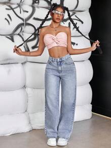 SHEIN Tall Women's Casual Straight Leg Jeans With Pockets, Washed Denim - Light Wash - View 4